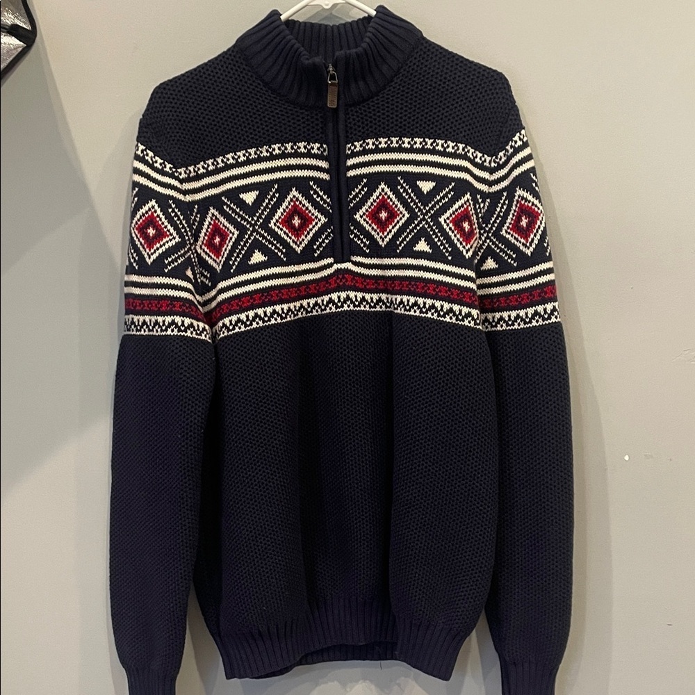 Men's Navy blue and Red Patterned Sweater izod large half zip